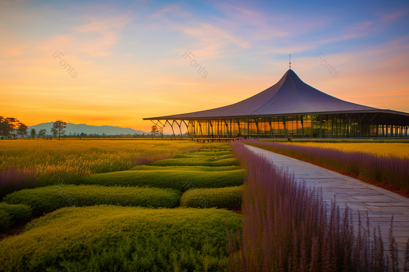 黄昏时种满绿植和鲜花的独特建筑机场公园,高清,摄影图,摄影图片,图片大全,摄影图免费下载